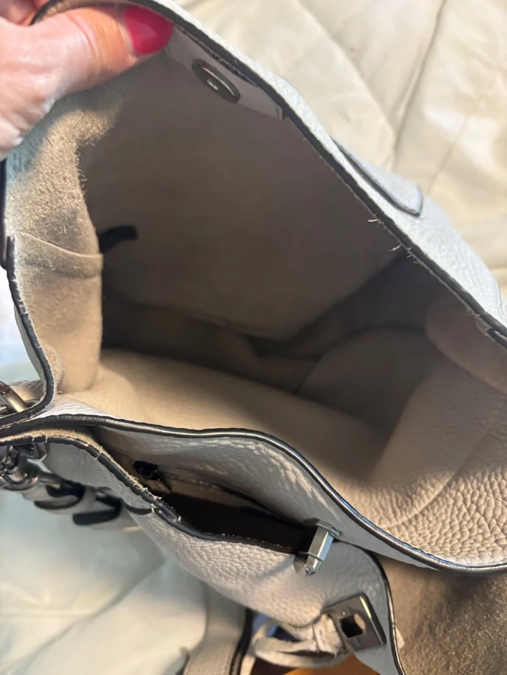 Leather Hobo Shoulder Studded Bag in Light Grey